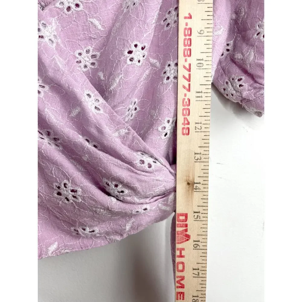 Astr Puff Sleeve Cropped Wrap Top Small Eyelet Ruched Cottage Milkmaid Linen
